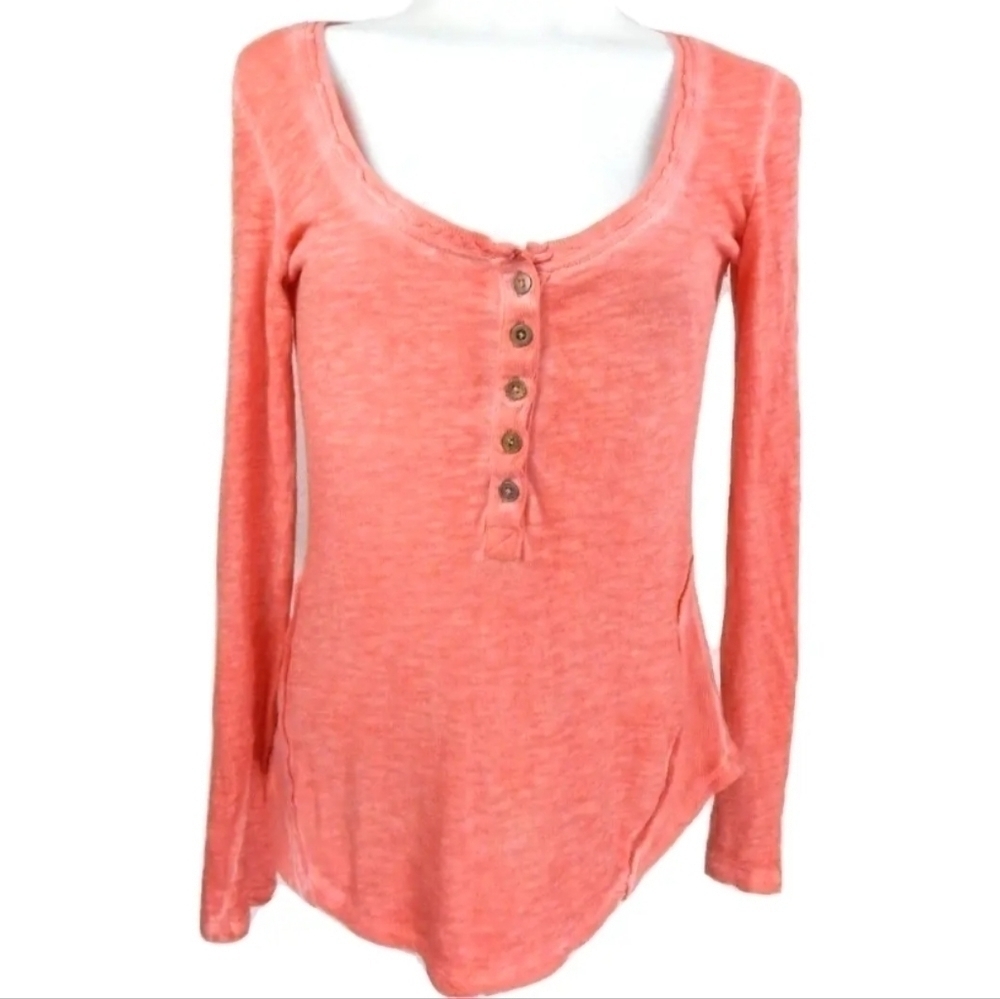 Free People Shell Stitch Pink Lace Trim Henley